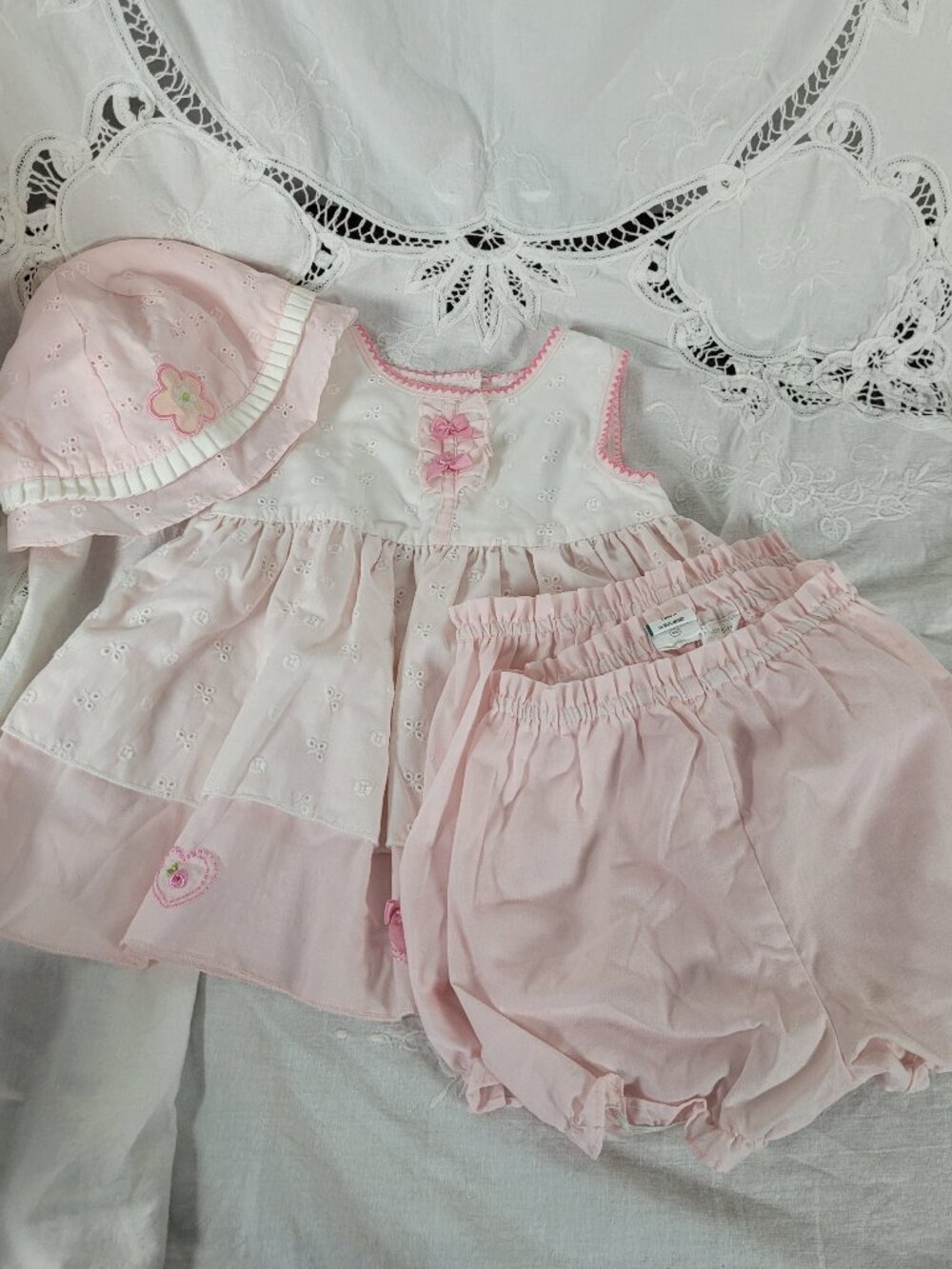 Vintage Little Bitty 18month 4Piece Set Girls Pink Pinafore Bloomers and Hat